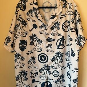 White & Navy Marvel Icon Hawaiian Button-Up